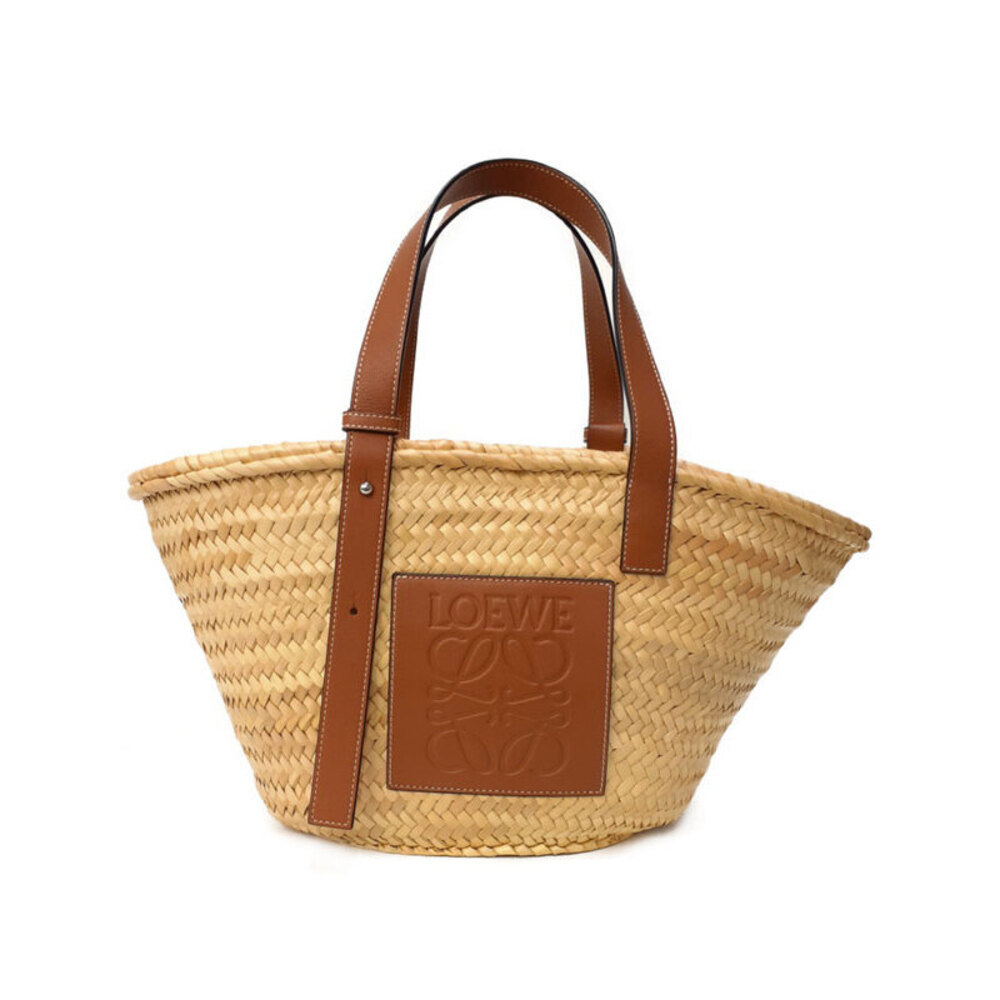 Loewe Paula Ibiza Basket Bag woven palm leaf calfskin leather anagram Tan